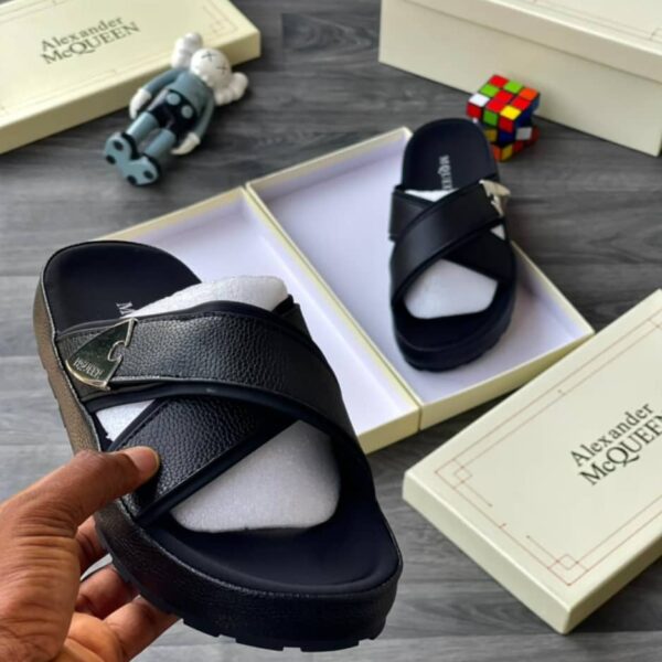 Alexander McQueen Men’s Black Leather Cross-Strap Slide Sandals – Luxury Footwear