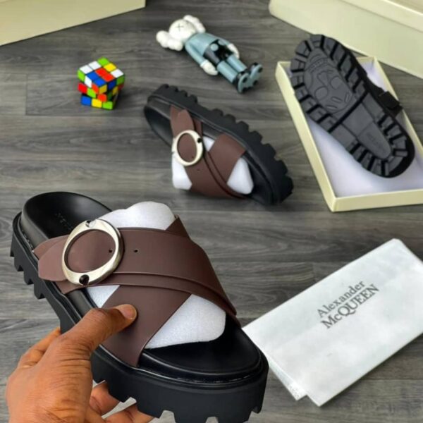 Alexander McQueen Men’s Brown Leather Crossover Strap Sandals – Chunky Sole