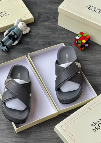 Alexander McQueen Men’s Grey Cross-Strap Slide Sandals – Luxury Footwear
