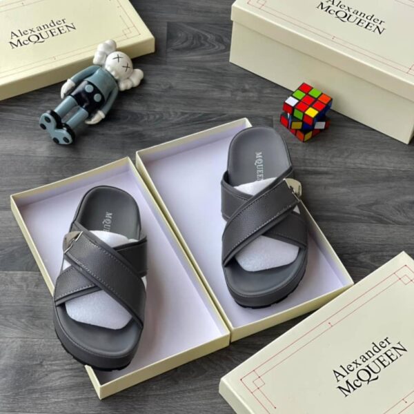 Alexander McQueen Men’s Grey Cross-Strap Slide Sandals – Luxury Footwear