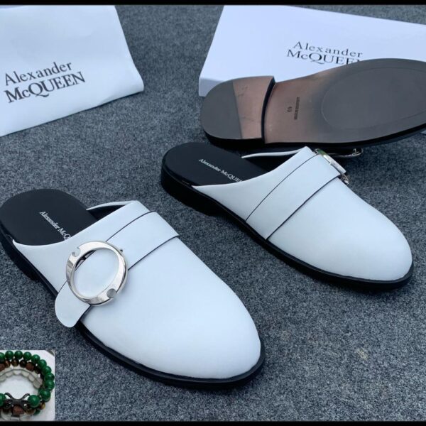 Alexander McQueen Men’s White Leather Buckle Mule – Luxury Footwear
