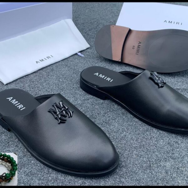 Amiri Men’s Black Leather Logo-Plaque Mules – Luxury Footwear