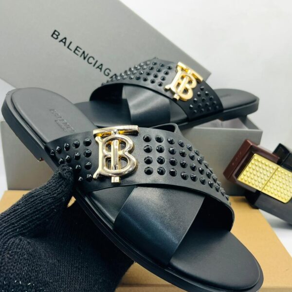 Burberry Men’s Black Leather Slides – EKD Monogram & Stud Detailing