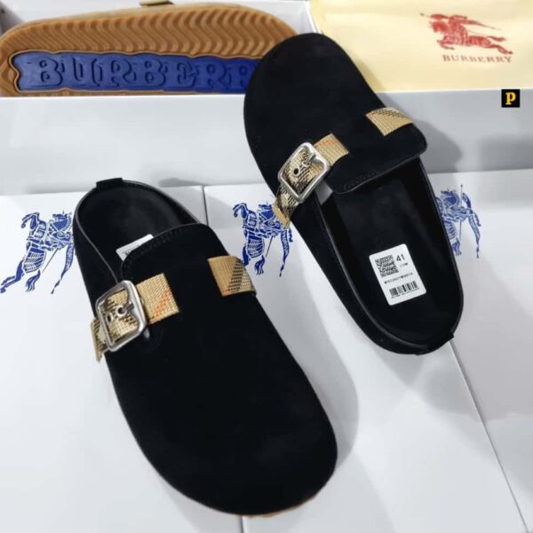 Burberry Men’s Black Suede Urchin Clogs – Check-Woven B-Buckle Strap