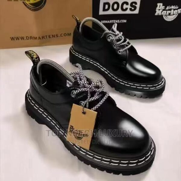 Dr. Martens Men’s Black Leather Lace-Up Shoes – White Welt Stitching & Patterned Laces