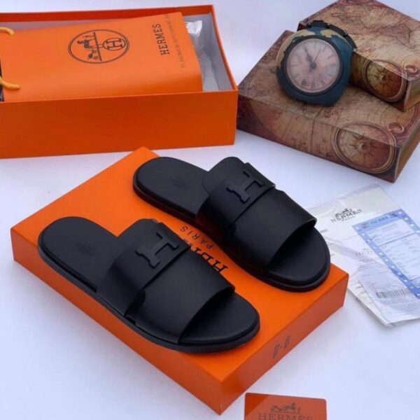 Hermes Men’s Black Leather Slides – Luxury Casual Footwear