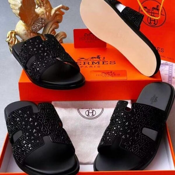 Hermes Men’s Black Stoned Leather Slides – Luxury Designer Footwear