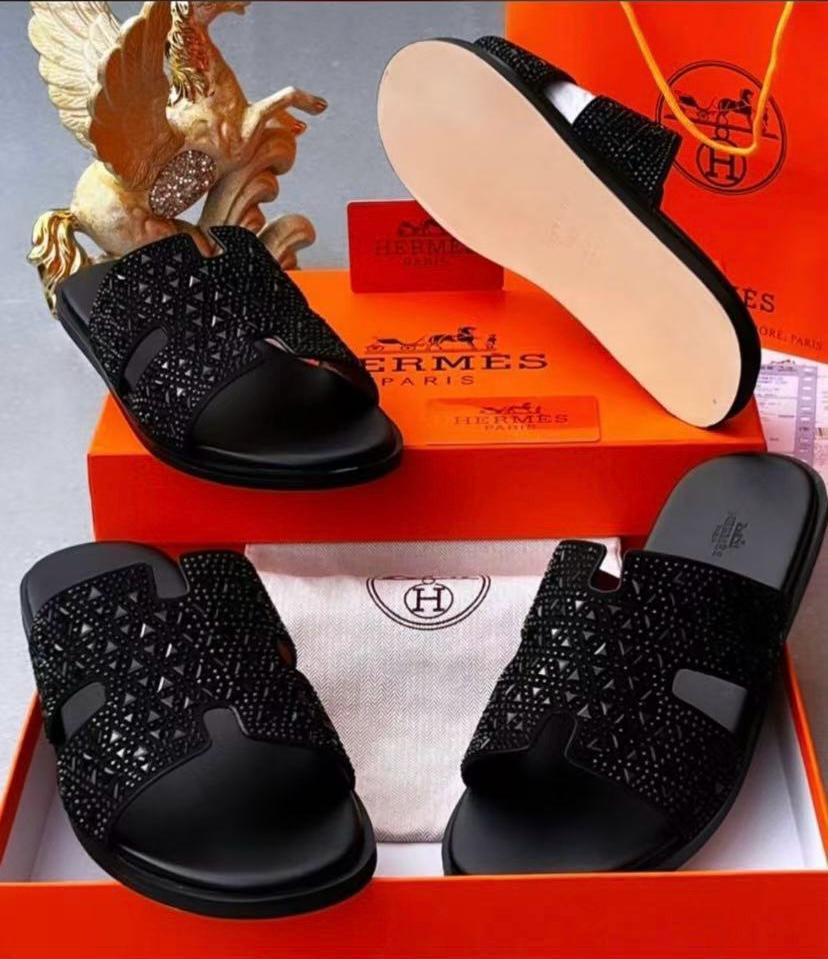 Hermes Men’s Black Stoned Leather Slides – Luxury Designer Footwear Hermes Men’s Black Stoned Leather Slides – Luxury Designer Footwear