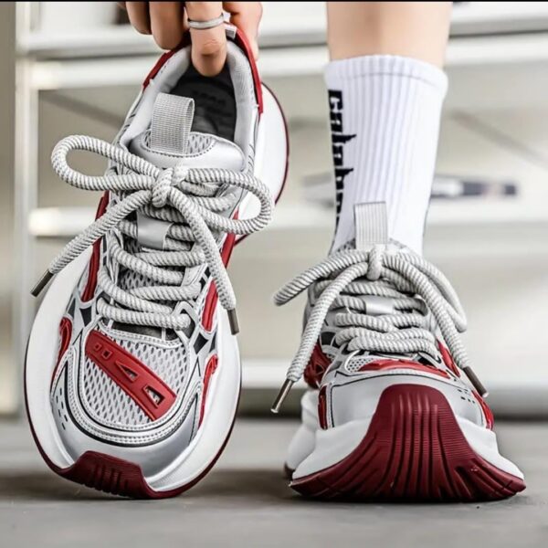 Men’s Trendy Chunky Sneakers – White, Red & Grey Fashion Footwear