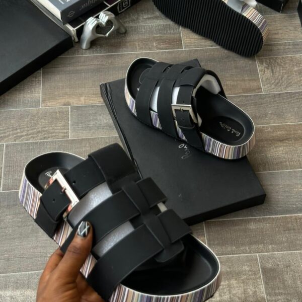 Paul Smith Men’s Black Leather Sandals – Striped Sole Luxury Footwear
