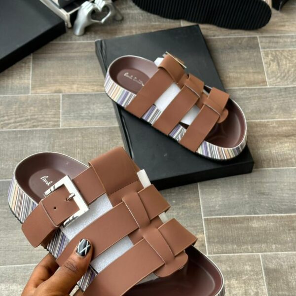 Paul Smith Men’s Brown Leather Sandals – Striped Sole Luxury Footwear