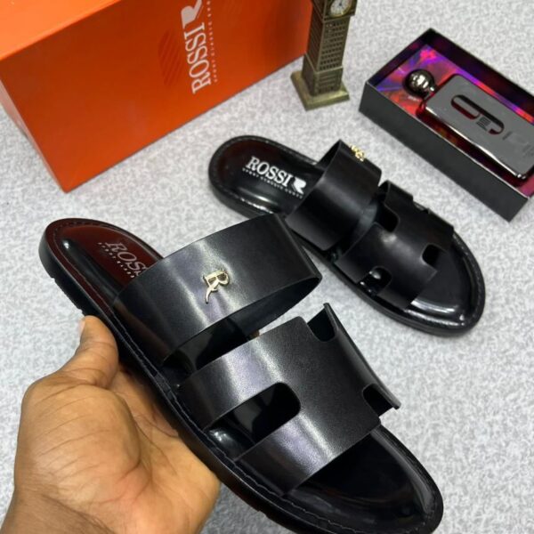 Rossi Men’s Black Leather Double-Strap Slide Sandals – Luxury Casual Footwear