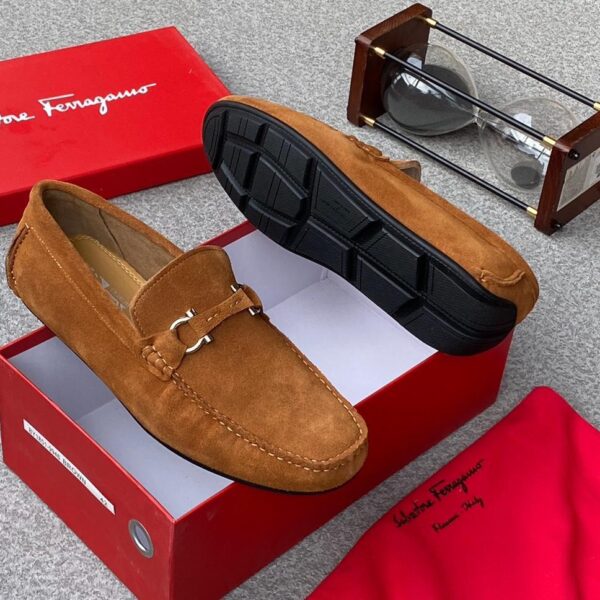 Salvatore Ferragamo Men’s Parigi Gancini Brown Suede Driving Loafers – Luxury Footwear