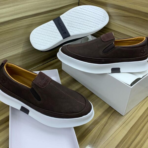 Timberland Men’s Brown Slip-On Sneakers – White Sole Casual Footwear