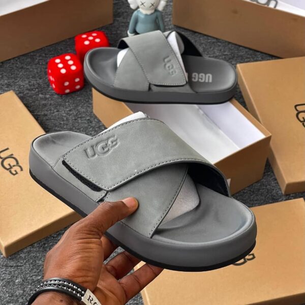 UGG Goldenstar Cross Slide Sandals – Grey Suede Comfort Slides