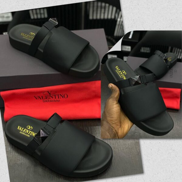 Valentino Garavani Men’s Black Leather Slides – VLOGO Detail Luxury Footwear