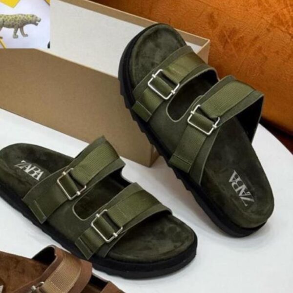 Zara Men’s Olive Green Double-Strap Rubberised Sandals – Casual Premium Footwear