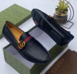 Gucci GG Marmont Black Leather Loafers with Web Stripe
