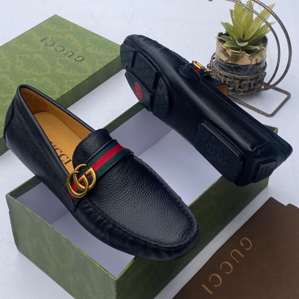 Gucci GG Marmont Black Leather Loafers with Web Stripe