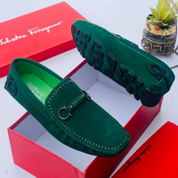 Salvatore Ferragamo Men’s Green Suede Gancini Driving Loafers