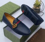 Gucci Men's Navy Leather Web Detail Driver Loafers