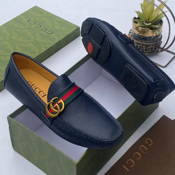Gucci Men's Navy Leather Web Detail Driver Loafers
