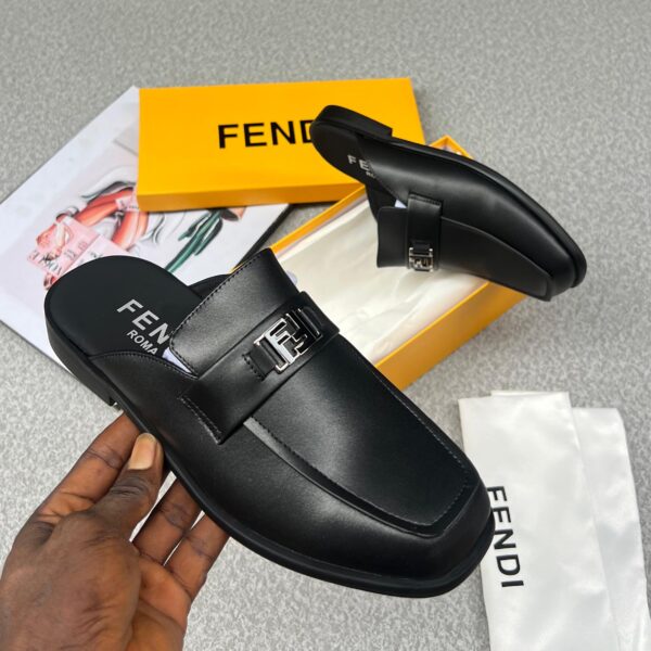 Fendi O'Lock Black Leather Mules with Signature Gold Hardware