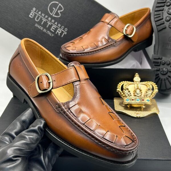Gianfranco Butteri Men’s Brown Leather Buckle T-Bar Loafers