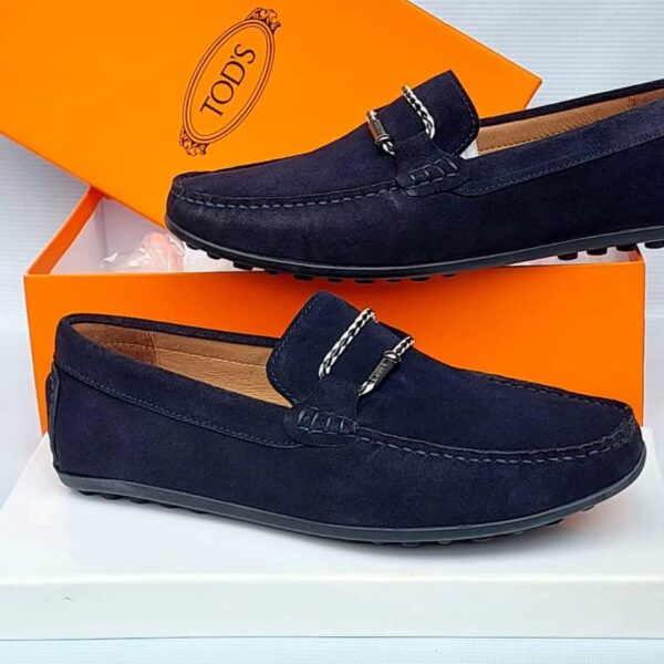 Tod's Navy Blue Suede Loafers with Buckle and Pebbled Sole