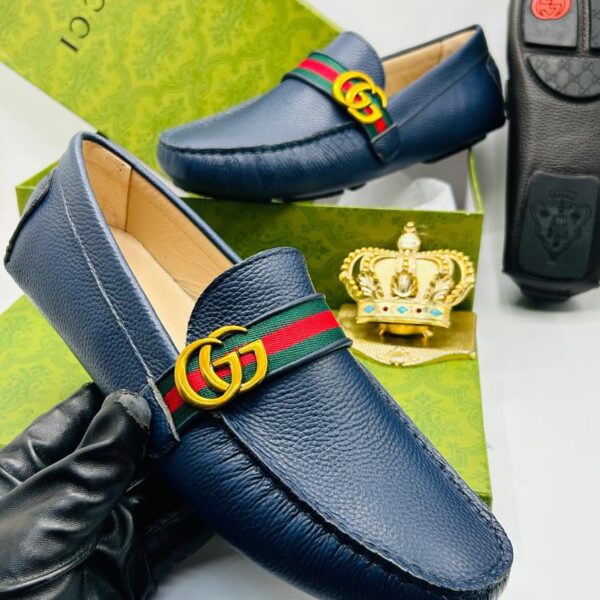Gucci Blue Leather Driver Loafers with Signature Web