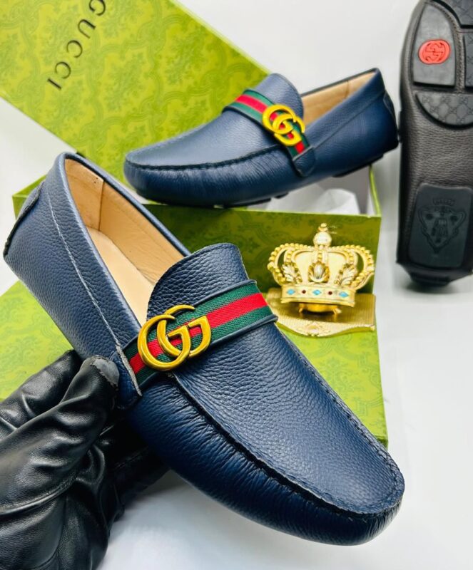 Gucci Blue Leather Driver Loafers with Signature Web
