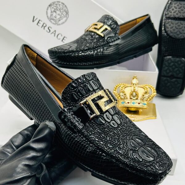 Versace Greca Croc-Embossed Leather Driver Loafers