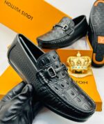 Louis Vuitton Black Crocodile-Texture Leather Horsebit Loafers