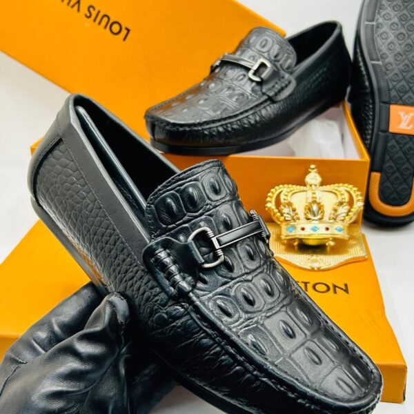 Louis Vuitton Black Crocodile-Texture Leather Horsebit Loafers