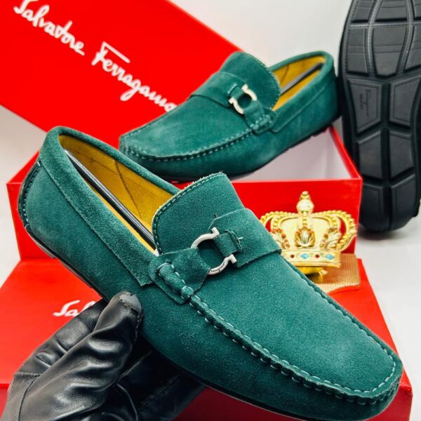Salvatore Ferragamo Gancini Suede Loafers in Forest Green