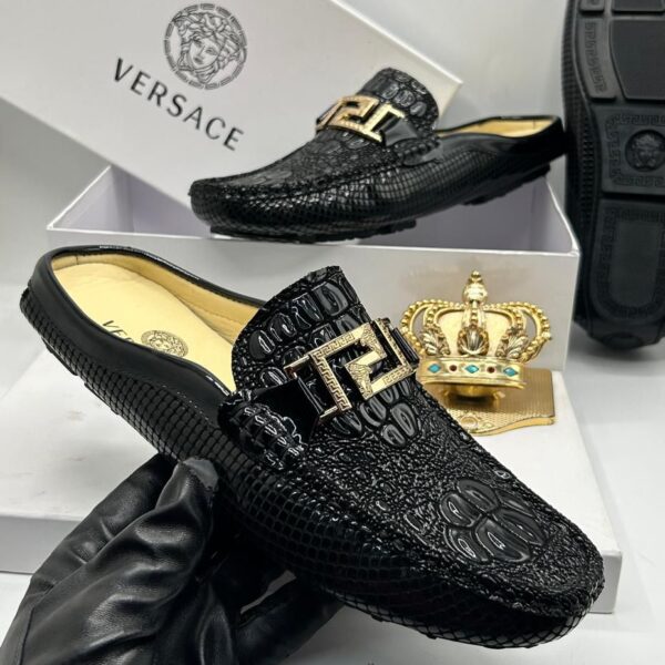 Versace Men’s Greca Leather Loafers in Black Textured Calfskin
