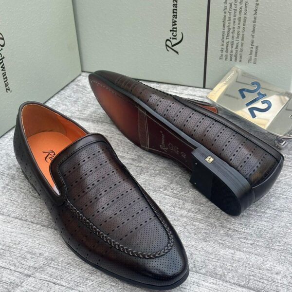 Richwanaz Brown Perforated Leather Slip-On Loafers