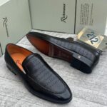 Richwanaz Black Perforated Leather Slip-On Loafers