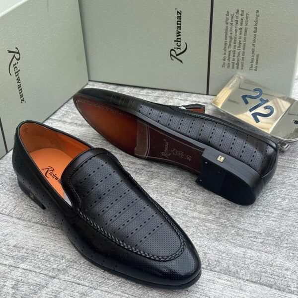 Richwanaz Black Perforated Leather Slip-On Loafers
