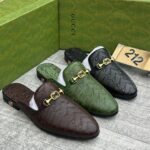 Gucci Men's Patterned Leather Horsebit Mules in Black