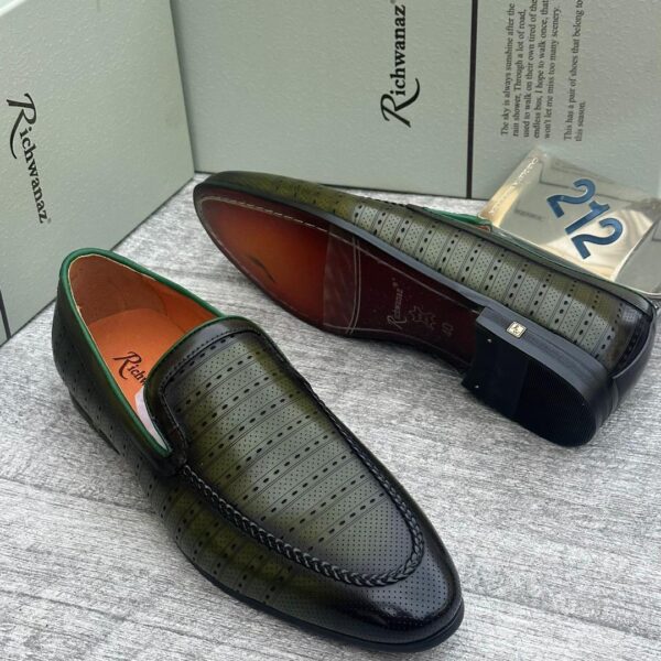 Richwanaz Men’s Perforated Green and Black Leather Loafers
