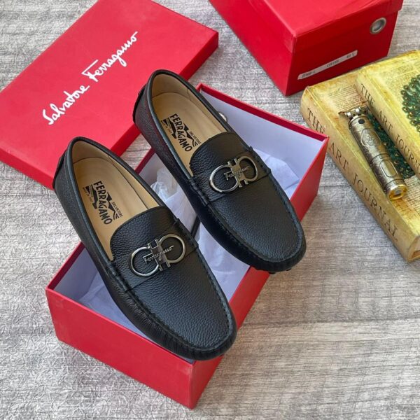 Ferragamo Black Leather Gancini Loafers