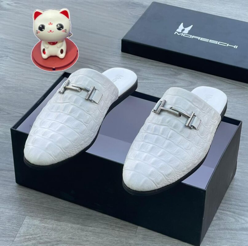 Moreschi Men's White Crocodile-Embossed Leather Mules - Italian Slip-On